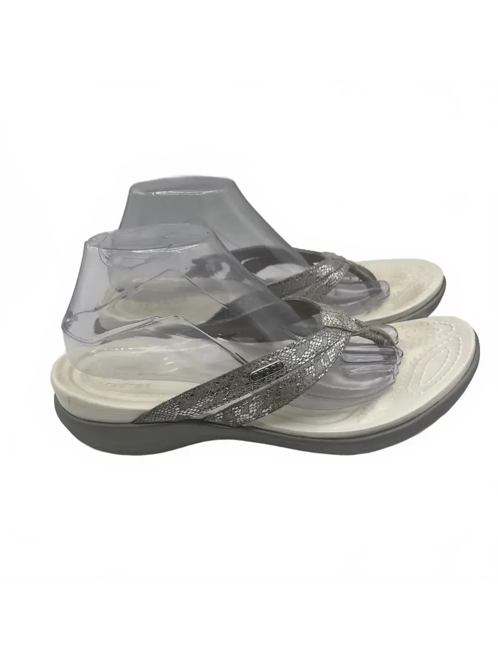 Crocs Capri V Strappy Flip Flops White Silver Shimmer Sandals Women's Size 10
